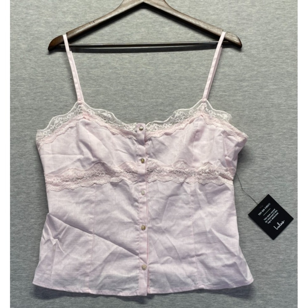 Lulus Erice Button Front Cami Top Womens XL Blush Pink Sweetheart Neck Lace Trim